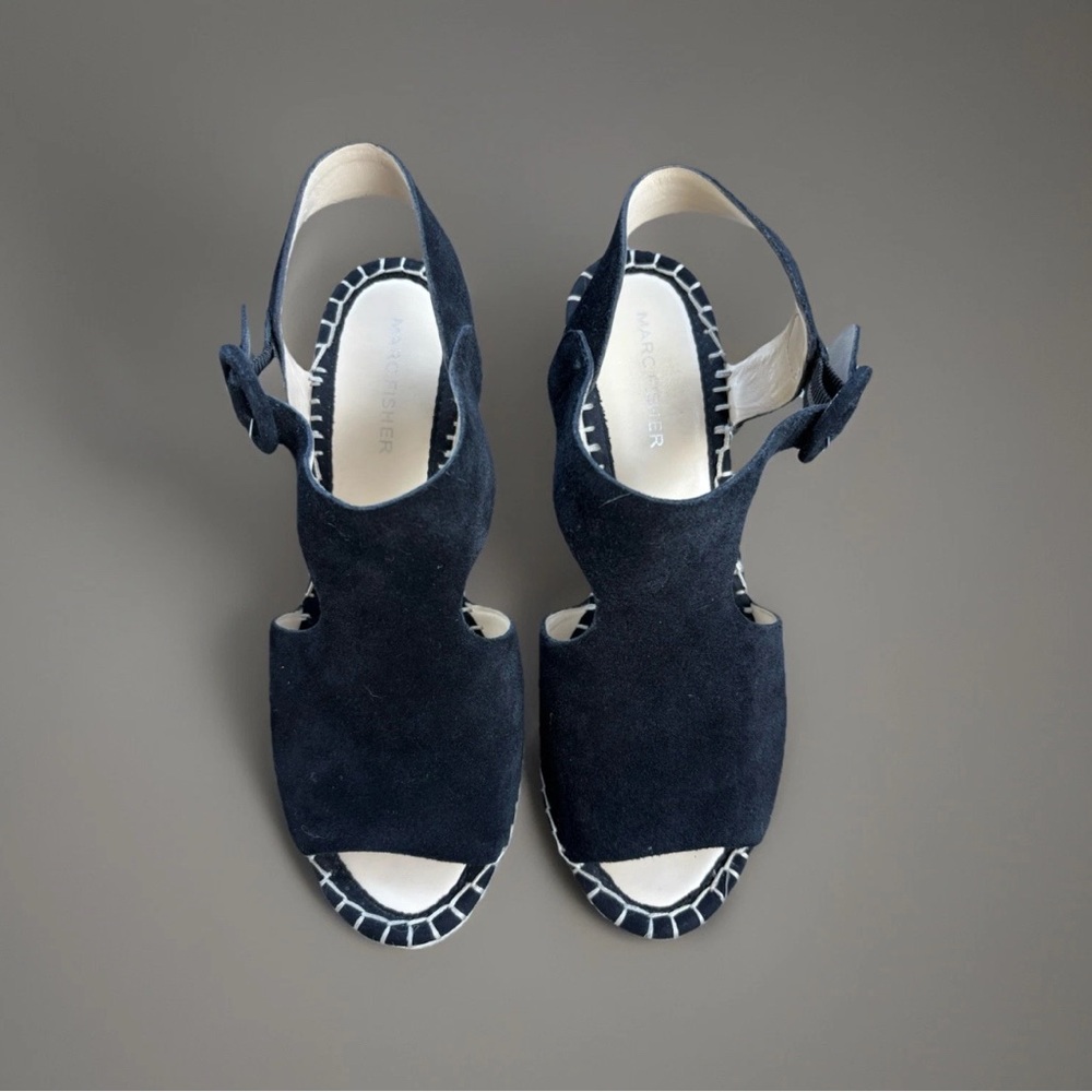 Black Suede Espadrille Wedge Sandals Marc Fisher 8W Cutout Slingback Platform - Picture 6 of 10